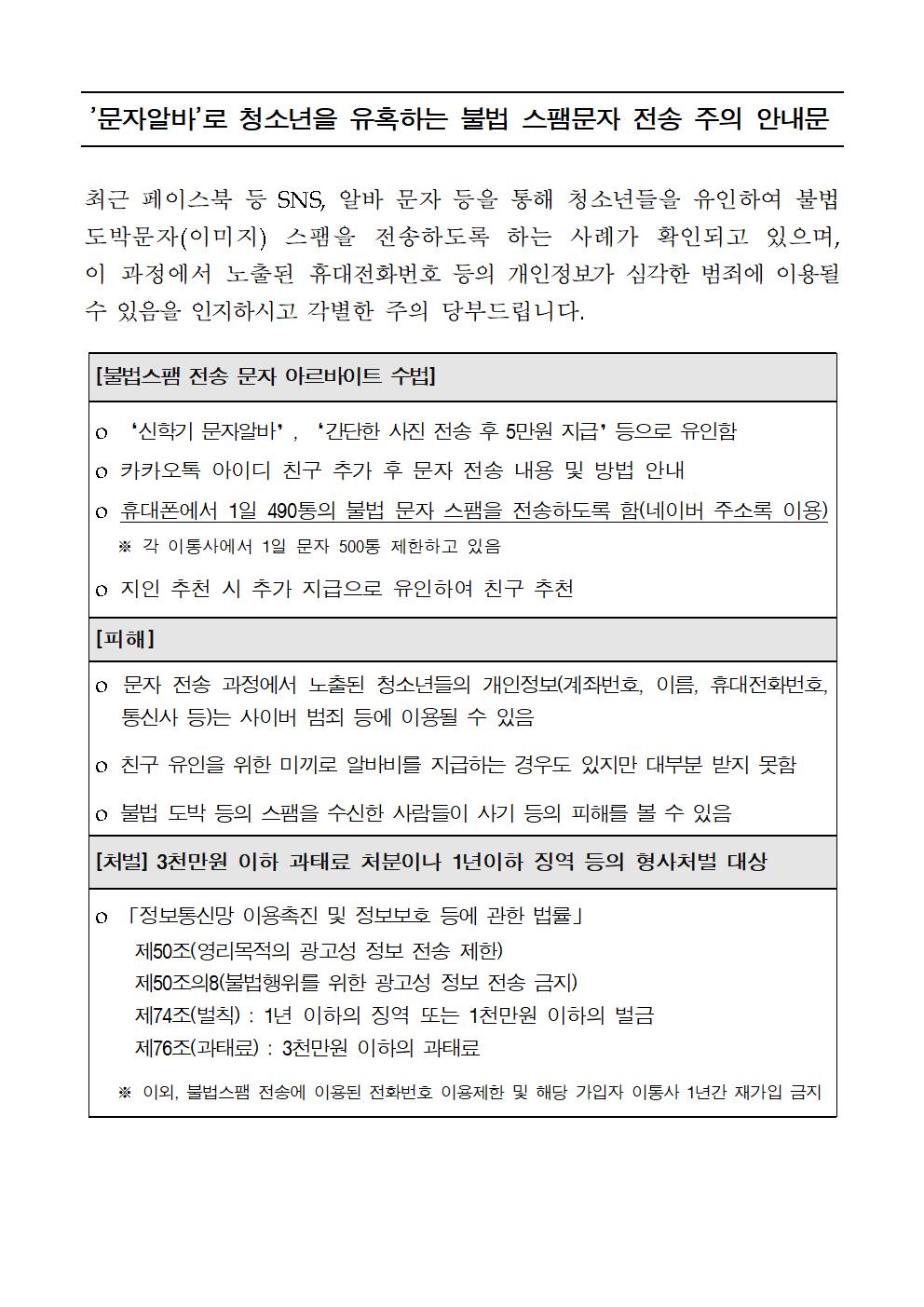 '문자알바'로 청소년을 유혹하는 불법 스팸문자 전송 주의 안내문001